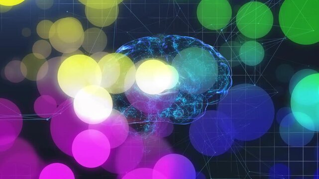 Neon wireframe brain rotating, pulsing as light orbs drifting obscuring lines showing neural flow