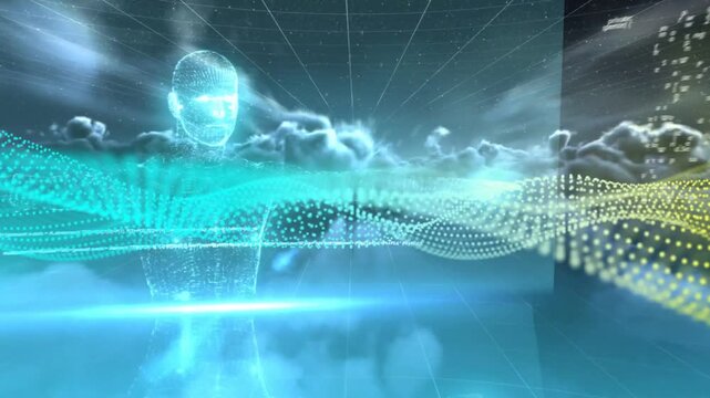 Cyan glow starting avatar forming, rotating right, waveform moving at chest panels visualizing data