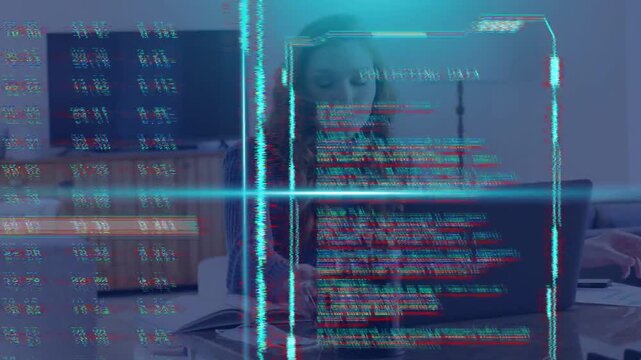 Overlay flickering revealing woman leaning over laptop and analyzing source code for tech project