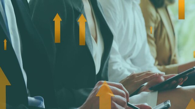 Hands tapping, stylus creating upward arrows showing business rise, cam pulling back showing smile
