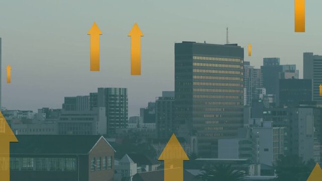 Starting frame two, orange arrows rising over skyline then thinning, visualizing urban growth