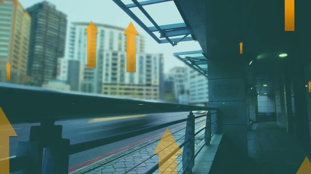 Playback starting, orange arrows appearing and rising over urban railing and canopy, showing growth