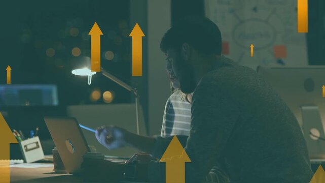 Man typing and using trackpad in business, woman pointing, arrows rising after input showing growth