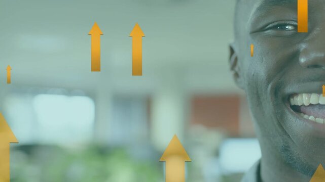 Office worker opening eye, smiling, laughing as orange arrows rise across, showing business growth
