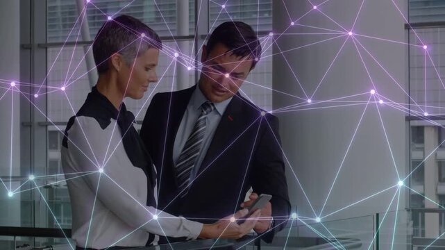 Woman holding phone man leaning tapping reviewing business animated network overlay glass railing