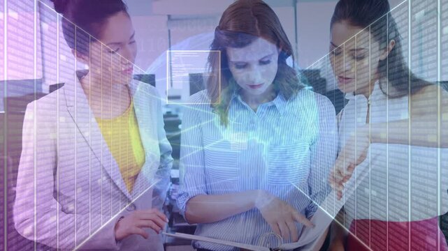 Central woman tapping tablet, coworkers pointing, cloud and UI forming on tablet for presentation