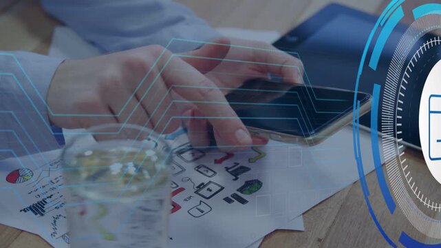 Hands tapping and swiping phone, HUD animating from right, blue lines mapping secure wallet flow