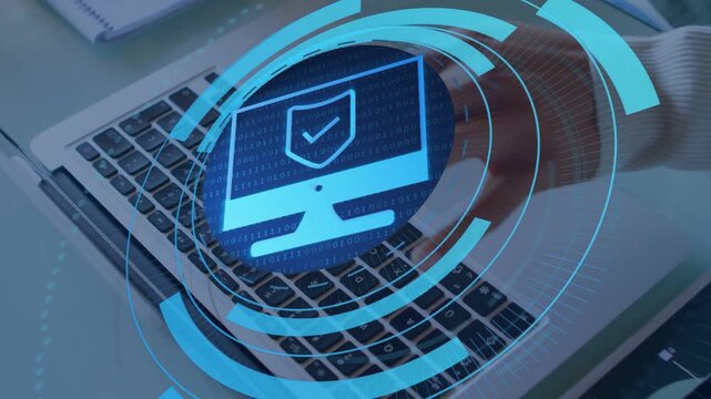 Man typing laptop keyboard and causing blue rings with shield icon, picking pen, checking system