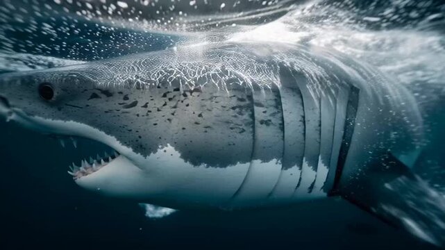 An abstract motion of a blue shark swimming underwater through cold liquid waves in the deep ocean nature