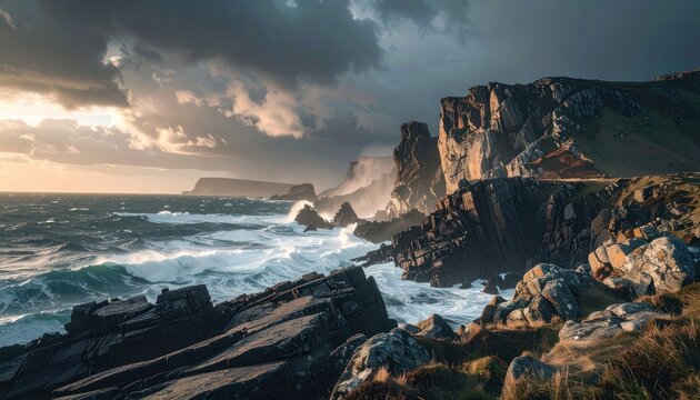 Dramatic coastal expanse, sculpted by relentless waves and atmospheric light.