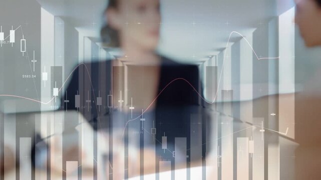 Woman speaker shifting into focus with finance charts overlaying scene, informing marketers