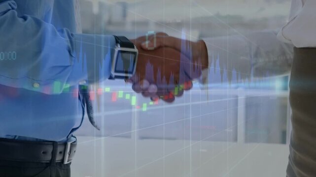 Man initiating handshake with woman, hands clasping firming, finance charts overlaying sealing deal
