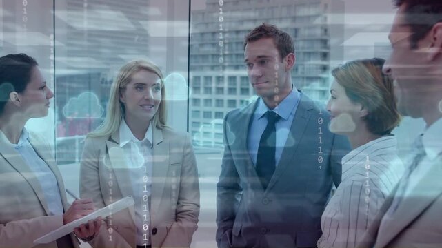 Host holding tablet leading biz meeting, team smiling while cloud icons and binary overlay staying
