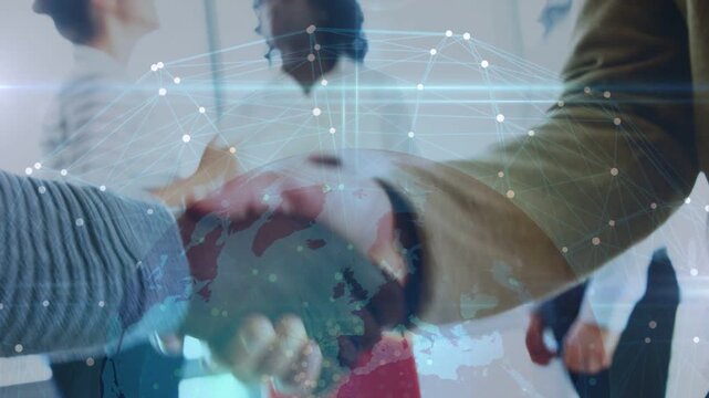 Man reaching right hand peer clasping and placing arm closing business deal with globe overlay