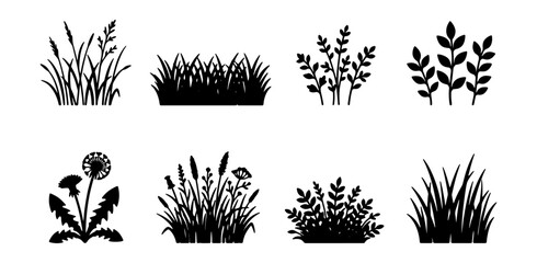 Black Silhouette Grass and Plant Icons, Nature Elements Vector Set © MIRA