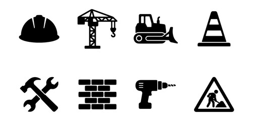Construction Icons Set: Safety Helmet, Crane, Bulldozer, Tools, Brickwork, Drill, Sign © MIRA