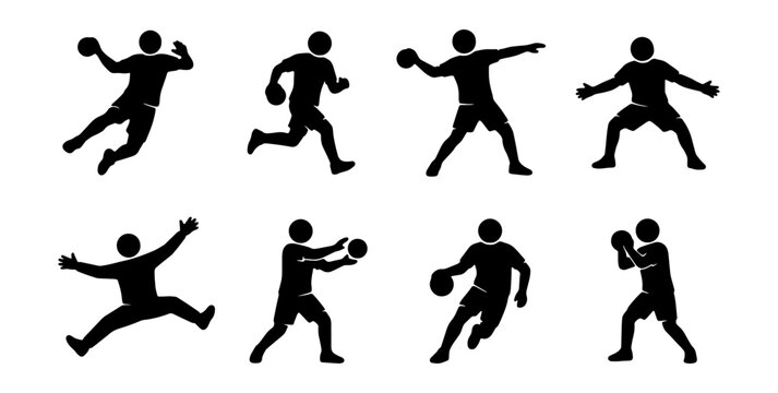 Handball Player Silhouettes, Dynamic Action Poses, Team Sport Icons, Vector Graphics
