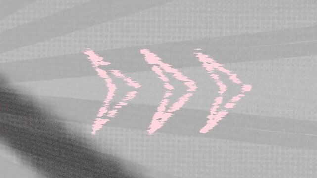 Glitch appearing forming 3 pink chevrons settling jittering breaking fading showing gray scanlines