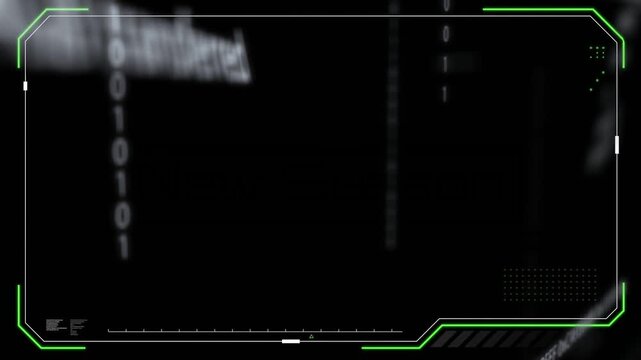 Magenta cyan glitch bar flashing, neon HUD overlay showing falling binary bits simulating error