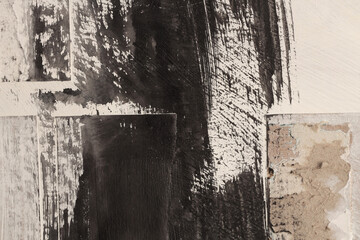 Fototapeta premium Torn, ripped blot crack crumble frame paper pieces, Ink painting smear Brush stroke. Black, beige white copy space grunge relief grain texture Poster background.