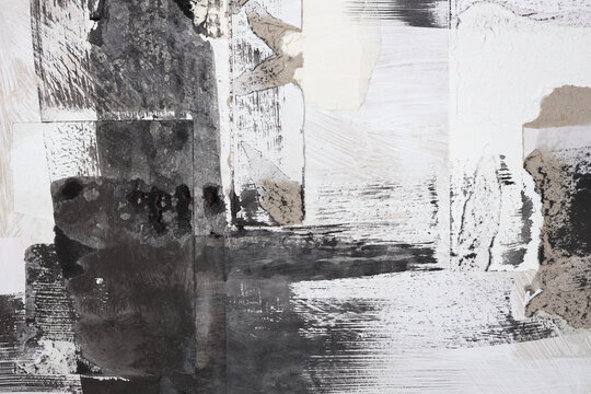 Torn, ripped blot crack crumble frame paper pieces, Ink painting smear Brush stroke. Black, beige white copy space grunge relief grain texture Poster background.