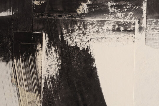 Torn, ripped blot crack crumble frame paper pieces, Ink painting smear Brush stroke. Black, beige white copy space grunge relief grain texture Poster background.