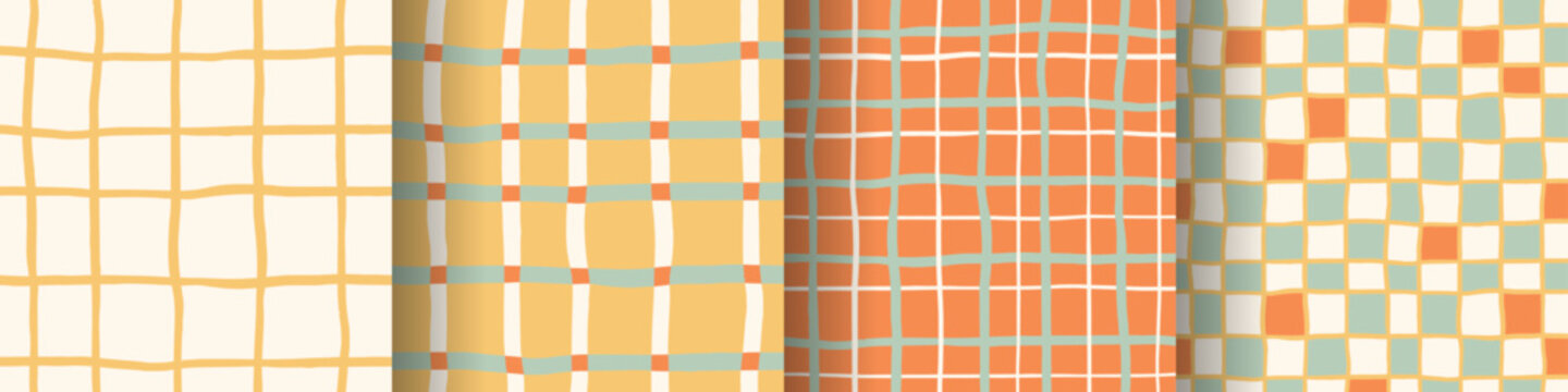 Cottagecore gingham and check seamless patterns bundle, hand drawn wobbly plaid stripes in warm kitchen colors for table linens, aprons, packaging and cozy farmhouse textiles. Vector