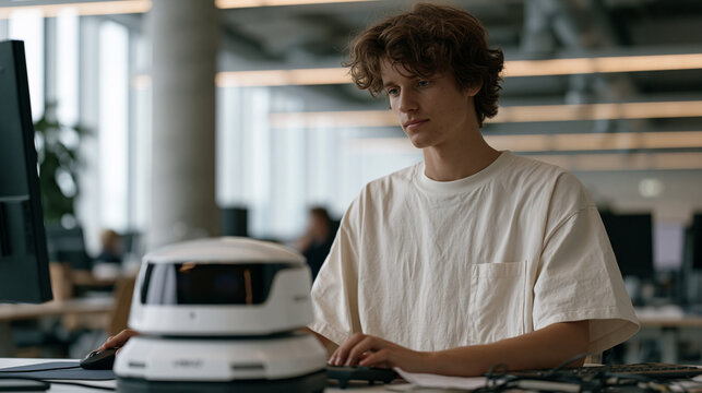 Young competitive programmer in university lab coaching delivery robot navigation through obstacle course built from chairs, academic robotics research, computer science fieldwork, autonomous naviga