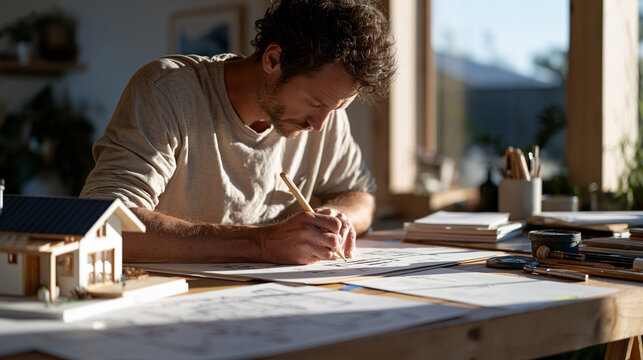 Tiny house designer sketching off-grid electrical schematic at drafting table beside miniature structural model, solar panel wiring diagrams and composting system specifications spread beside profes