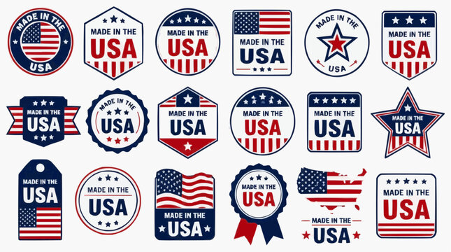 Collection of made in usa labels and badges with american flags