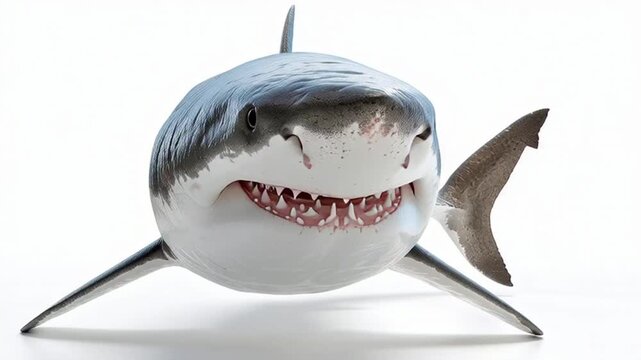 A massive great white shark with sharp teeth swims through the deep blue water of the ocean near a coral reef, showing why this apex predator is a powerful icon of marine wildlife