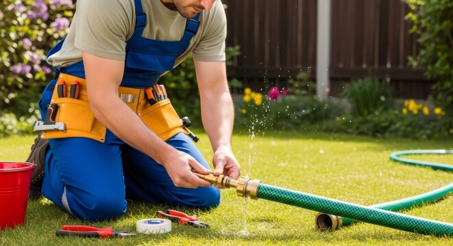 Man fixing leaky garden hose. Plumber repairing broken water pipe on green lawn. Home maintenance and backyard renovation concept.