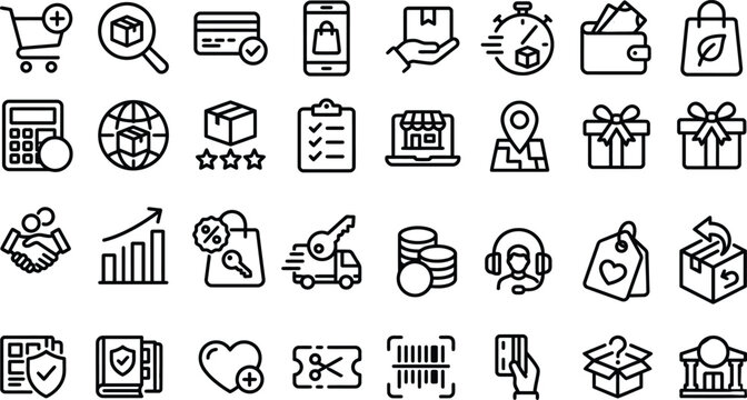 E commerce icon set bundle 30 essential black line icons for business shopping and delivery