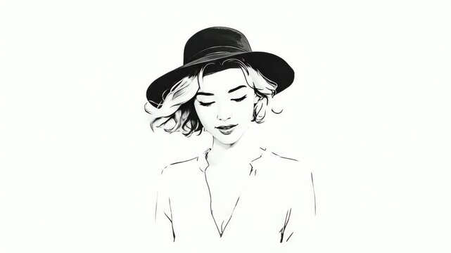 Woman in wide-brimmed hat tilts head upward then forward and downward. Sequential black and white line drawing portraits. Fashion model pose and subtle expression changes concept.