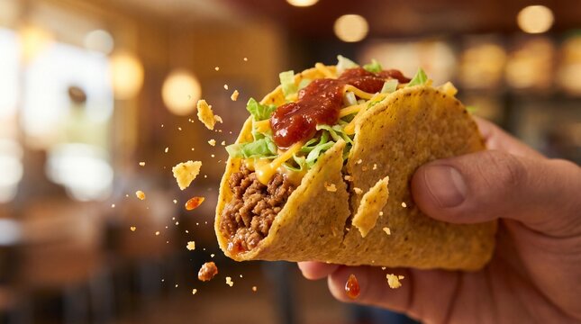 Crunchy taco shell cracking with filling exposed, fast food concept, dynamic texture, macro detail, strong thumbnail advertising appeal. Isolated on White background