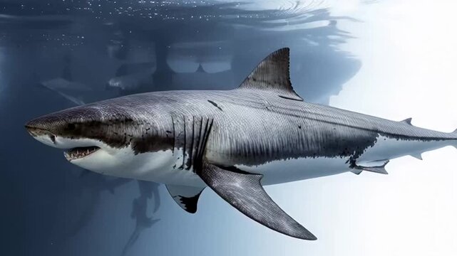 A powerful great white shark swims through the deep blue water of the ocean, showing its predatory fin and sharp teeth as the dangerous marine animal glides past a tropical coral reef