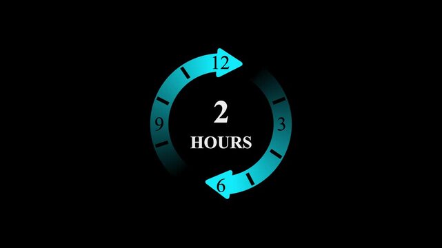 2 Hours Digital Countdown Timer Animation with Blue Neon Rotating Arrows and Clock Face for Time Management and Deadline Concept on Black Background.
