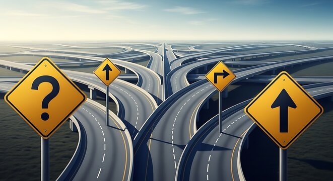 Four directional road signs with question mark, straight, left, and right arrows positioned on a multi lane highway splitting into separate routes.