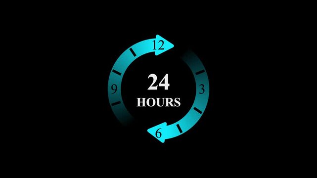 24 Hours Full Day Countdown Timer Animation with Blue Neon Rotating Arrows and Circular Interface on Black Background.
