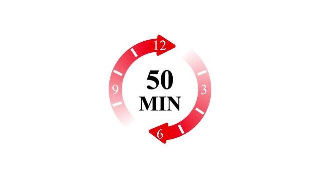 50 Minutes Long Countdown Timer with Red Neon Circular Progress Bar and Rotating Arrow Icons on White Background.