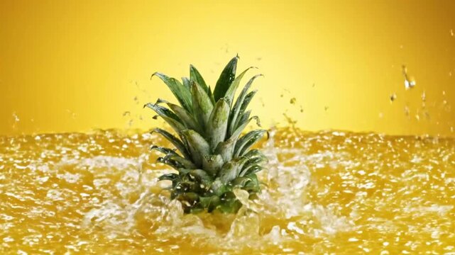 Fresh pineapple splashing into vibrant juice creating dynamic motion against a bright yellow background.