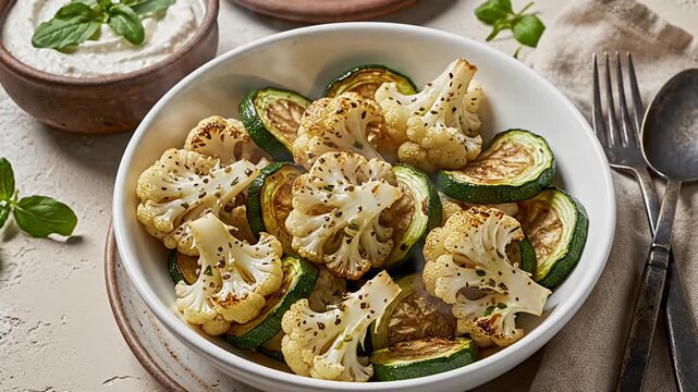 Close up of roasted vegetables in a bowl with sauce on the side