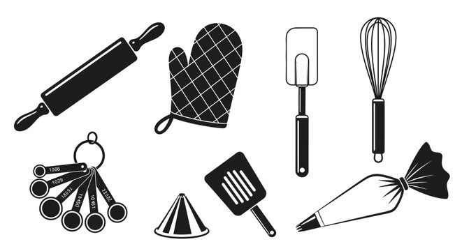 Kitchen utensils including a rolling pin, an oven mitt, a silicone spatula, a wire whisk, measuring spoons, a pastry cone, and a turner appear on a clean white background.