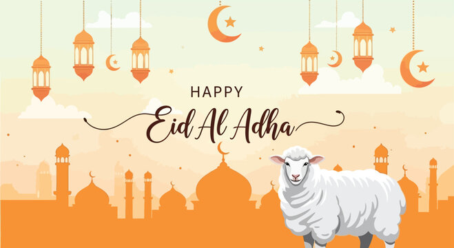 Happy eid al adha greeting with sheep and mosque silhouette