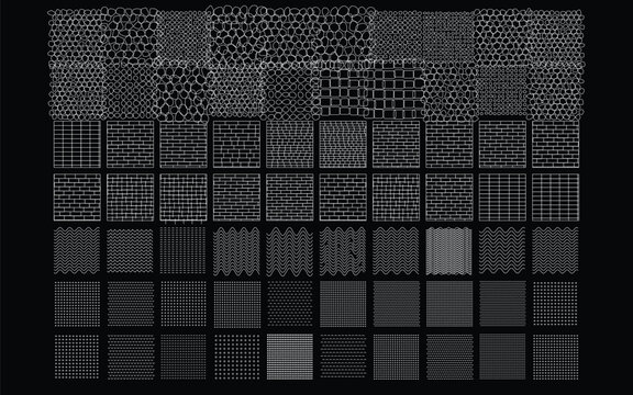 Geometric halftone pattern set, seamless black and white vector textures, abstract monochrome grid swatches for graphic design and digital backgrounds