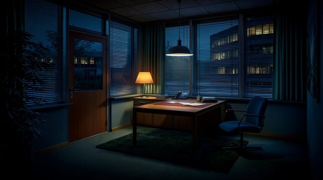 Empty office desk with lamp during nighttime with city lights outside