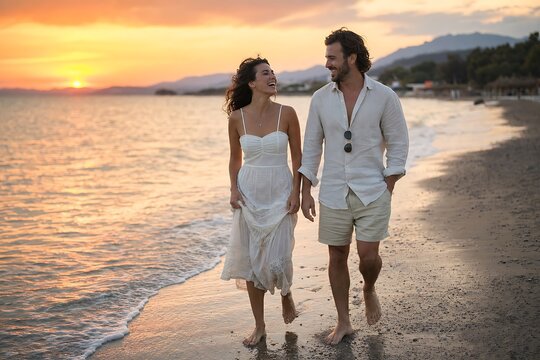 Romantic couple walking hand in hand along the beach at sunset, enjoying a peaceful seaside moment during a summer vacation. Warm golden light, ocean waves, and relaxed atmosphere