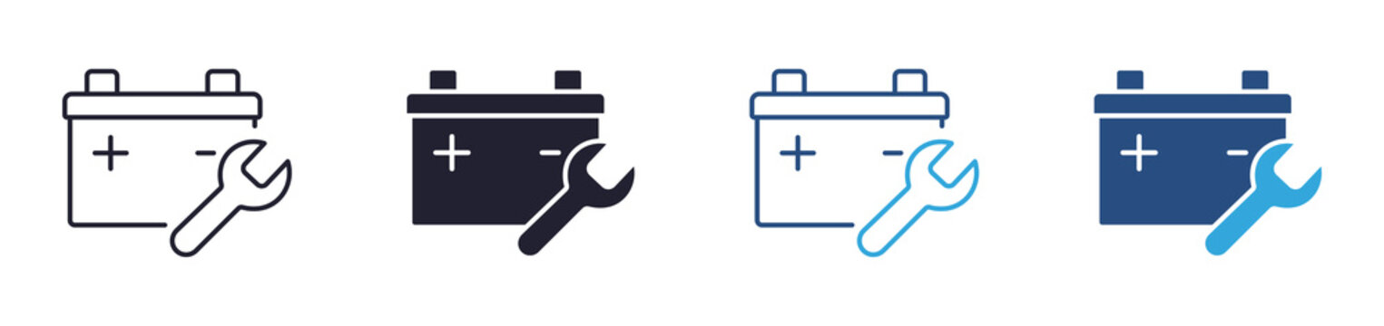 Battery maintenance icon set. power service and energy repair concept. outline, glyph, colored line and flat style. vector illustration.