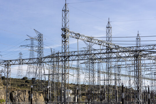View of Aldeadavila II Electrical Substation with steel lattice towers and high-voltage power lines Aldeadavila de la Ribera, Castile and Leon, Spain.