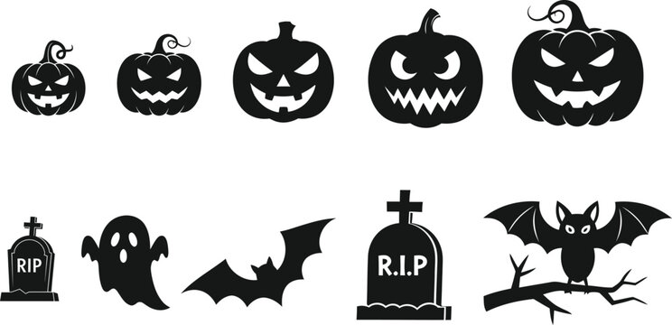 Halloween silhouette icons set including jack o lanterns ghost bats and tombstones